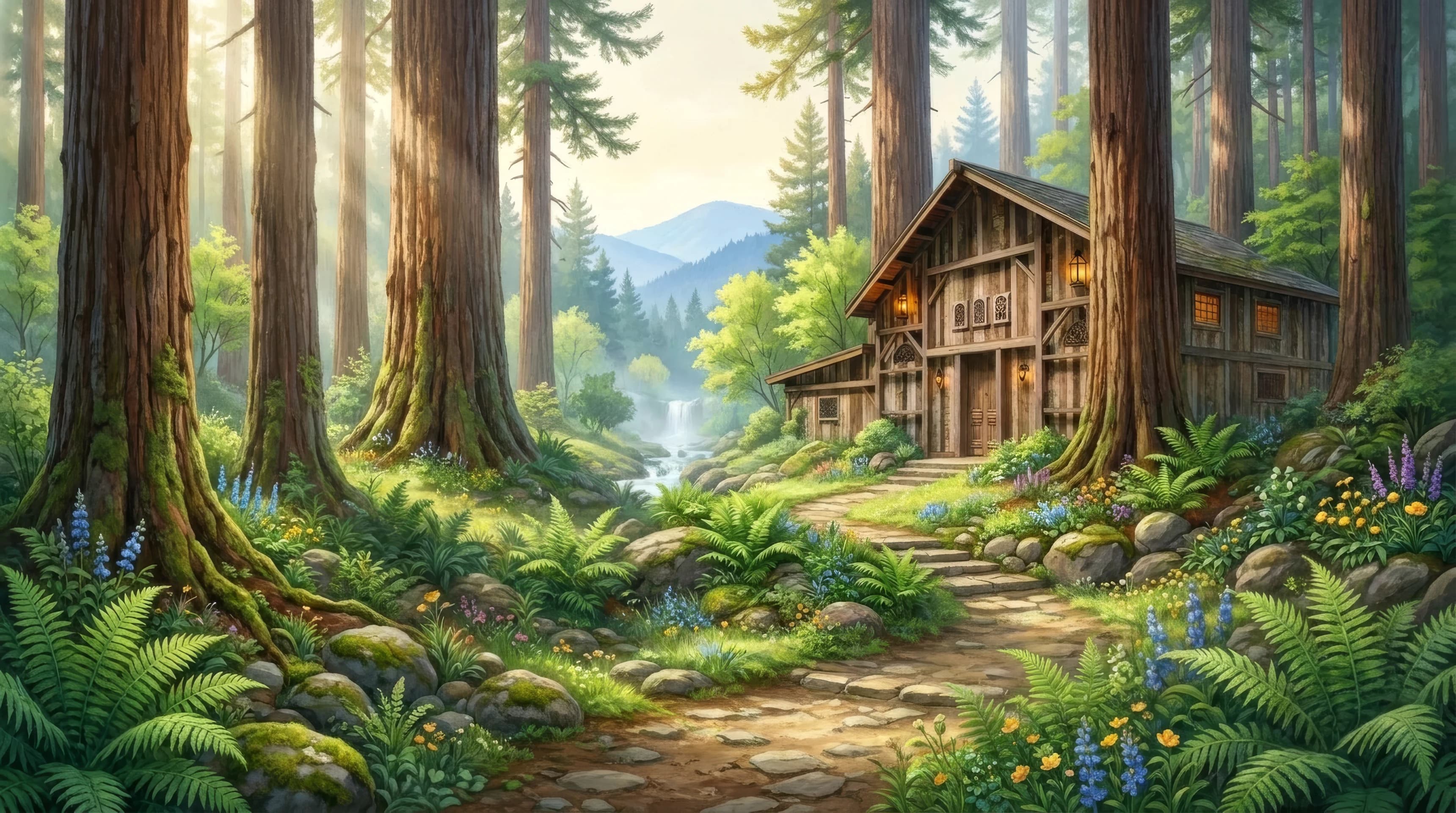 A painted lodge among the redwoods, with a stone path leading to its door